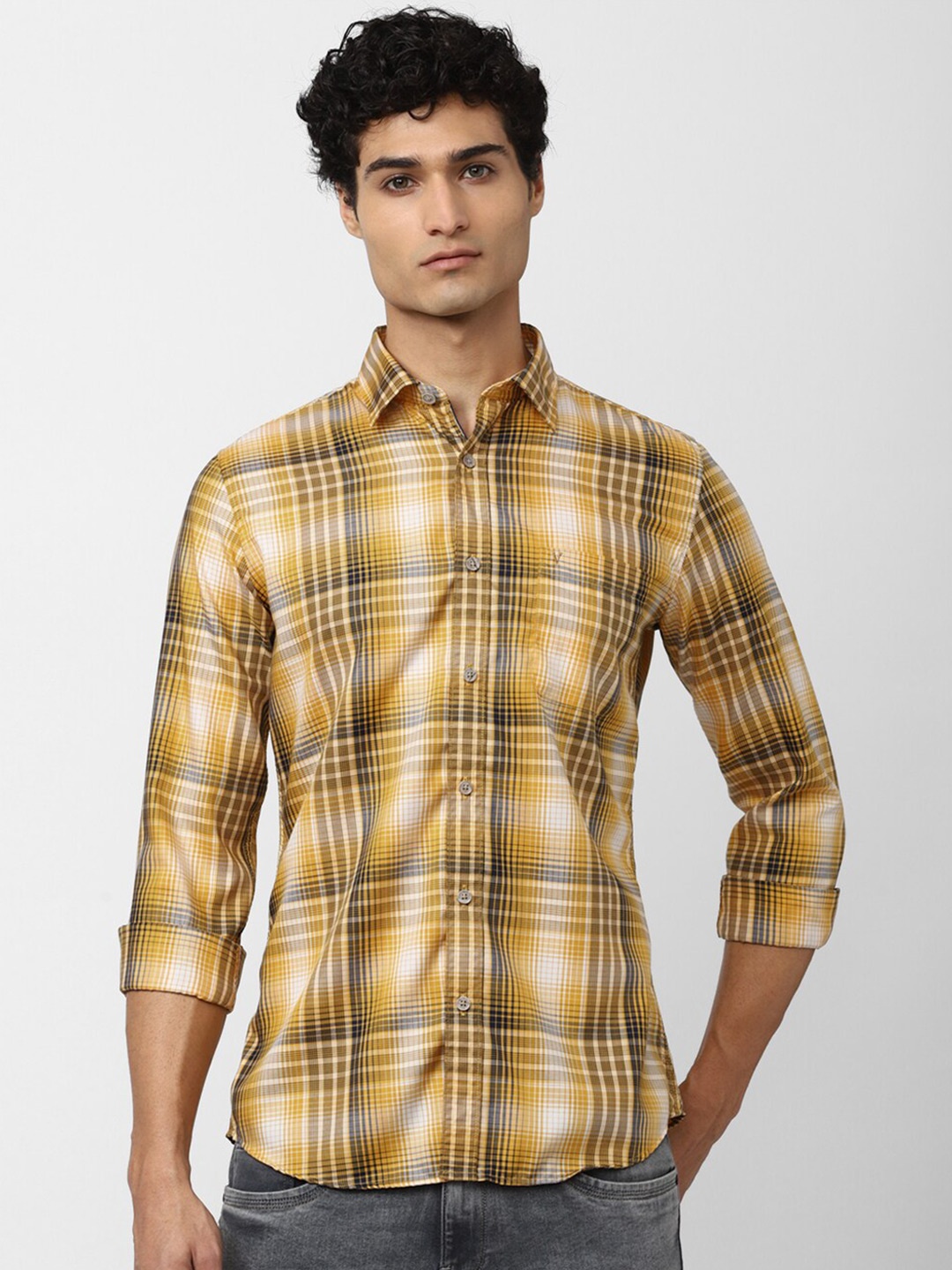 

Van Heusen Sport Men Yellow Slim Fit Tartan Checked Casual Pure Cotton Shirt