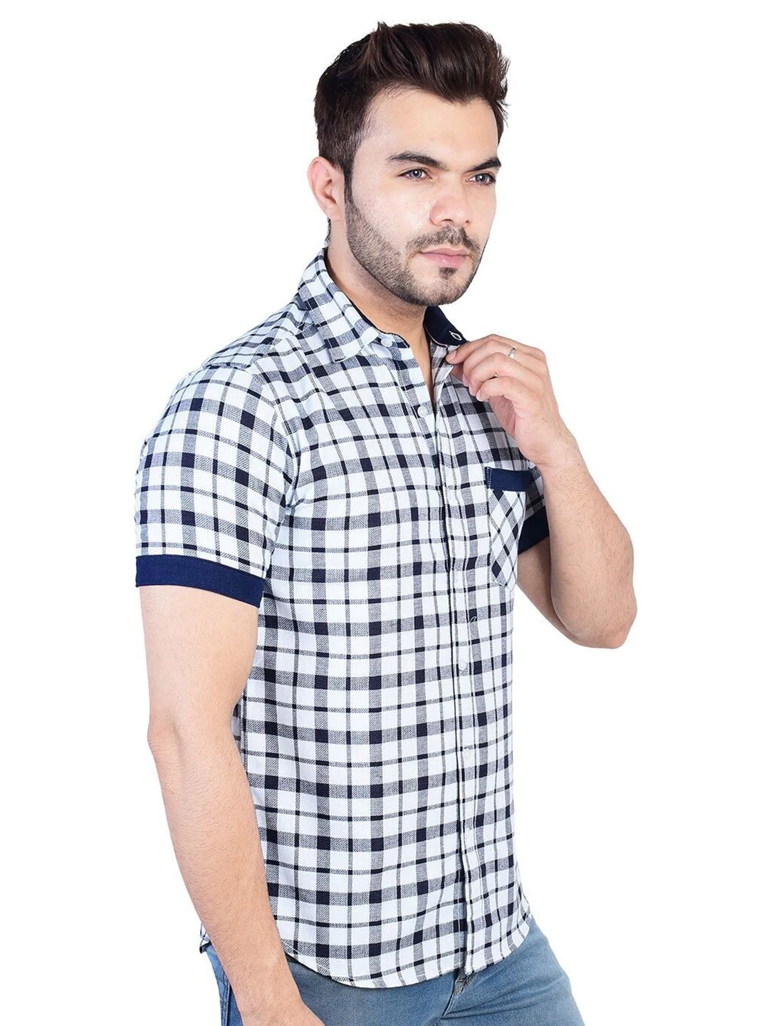 

VALEN CLUB Men Slim Fit Checked Cotton Casual Shirt, Navy blue
