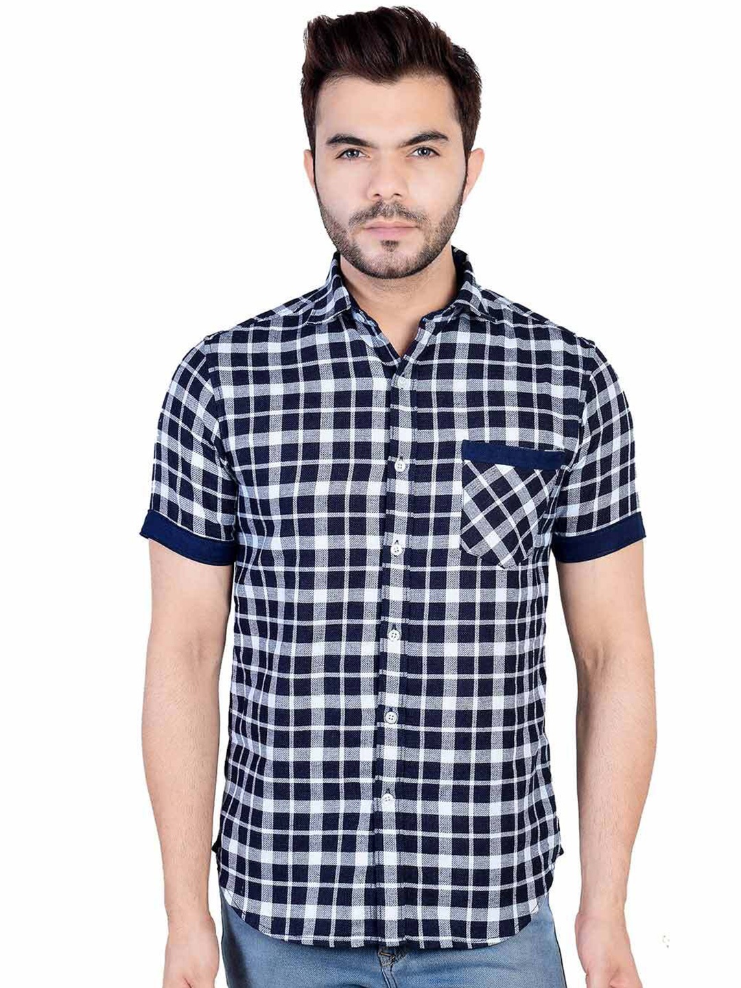 

VALEN CLUB Men Slim Fit Checked Cotton Casual Shirt, Navy blue
