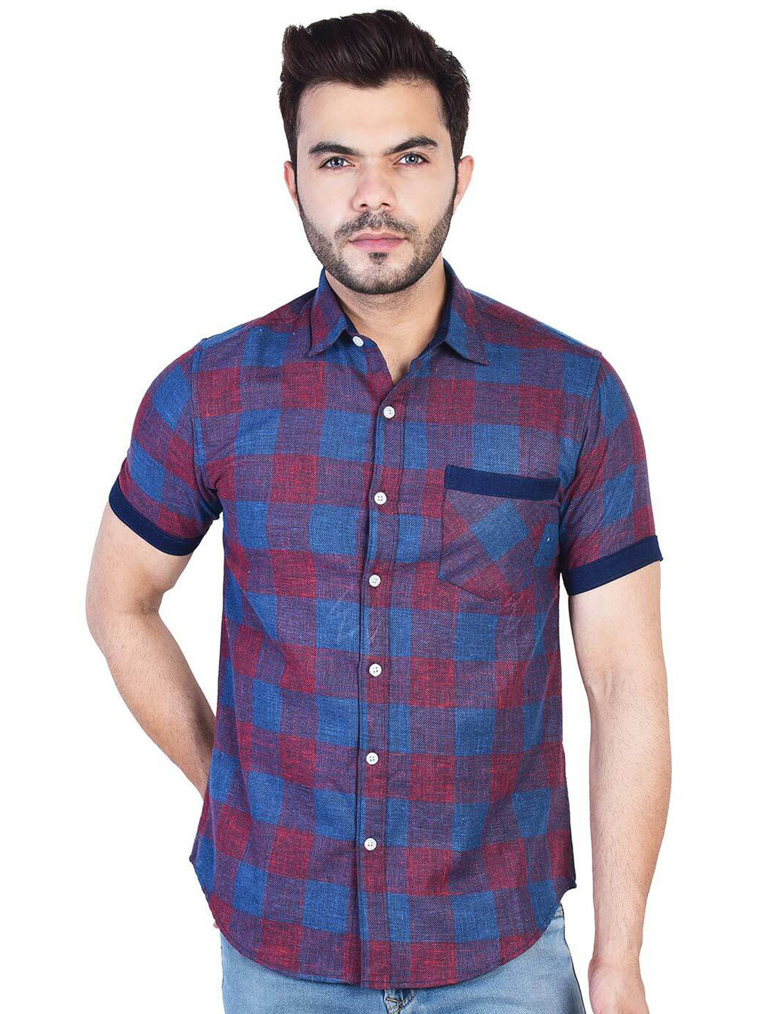 

VALEN CLUB Men Slim Fit Checked Pure Cotton Casual Shirt, Blue