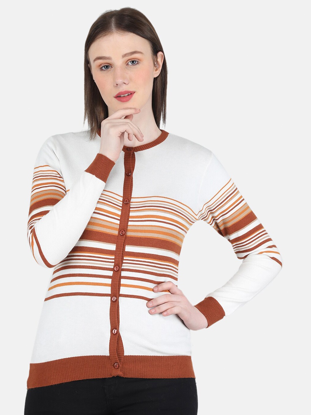 

Monte Carlo Women Striped Woolen Cardigan Sweater, White