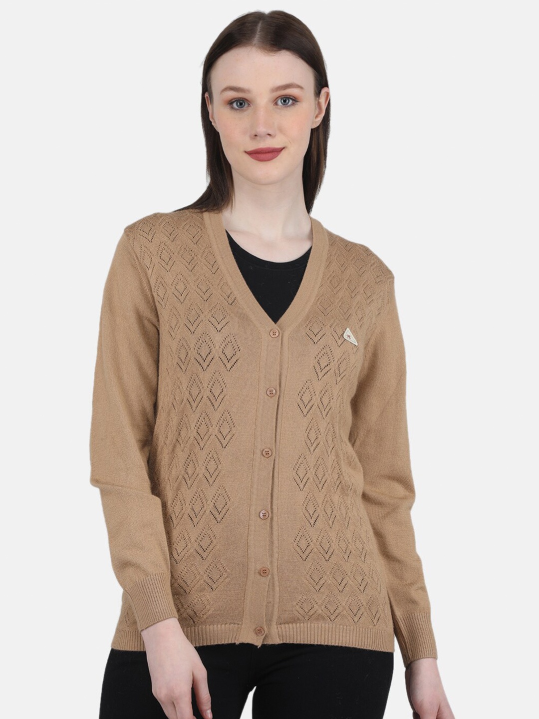 

Monte Carlo Women Self Design Woolen Cardigan Sweater, Brown