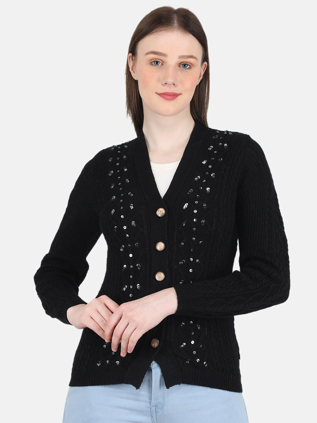 

Monte Carlo Women Embellished Woolen Cardigan Sweater, Black
