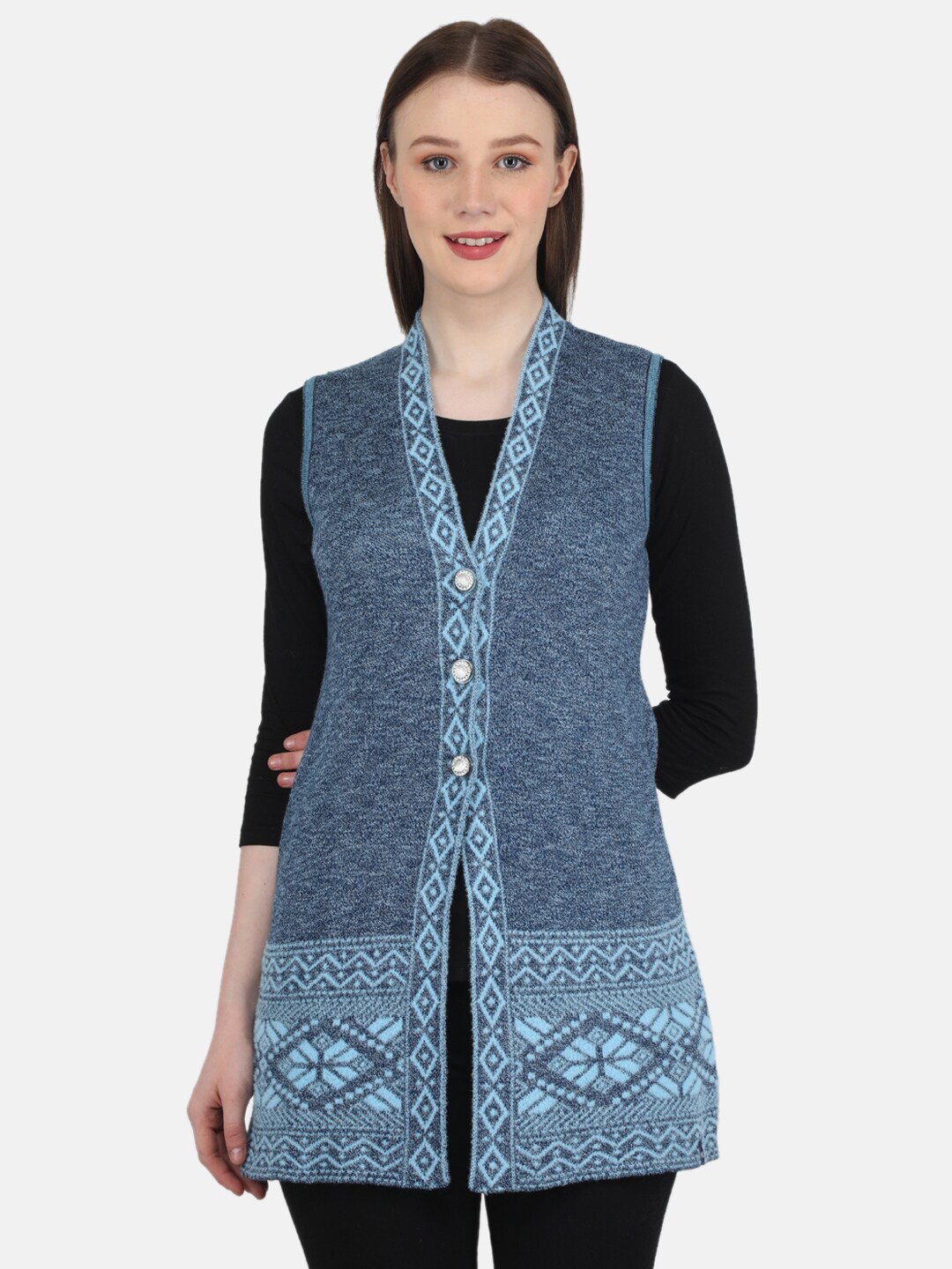 

Monte Carlo Women Self Design Longline Woolen Cardigan Sweater, Blue
