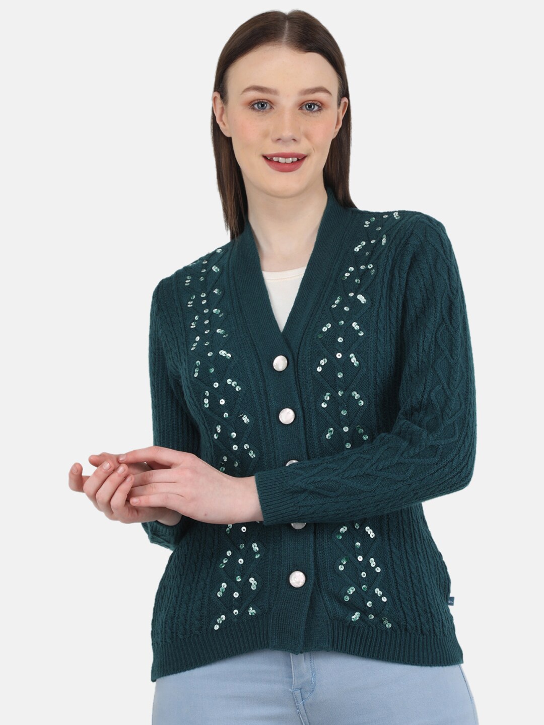 

Monte Carlo Women Cable Knit Cardigan Sweater, Green
