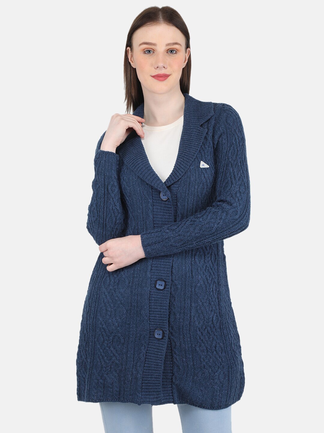 

Monte Carlo Women Cable Knit Longline Wool Cardigan, Blue