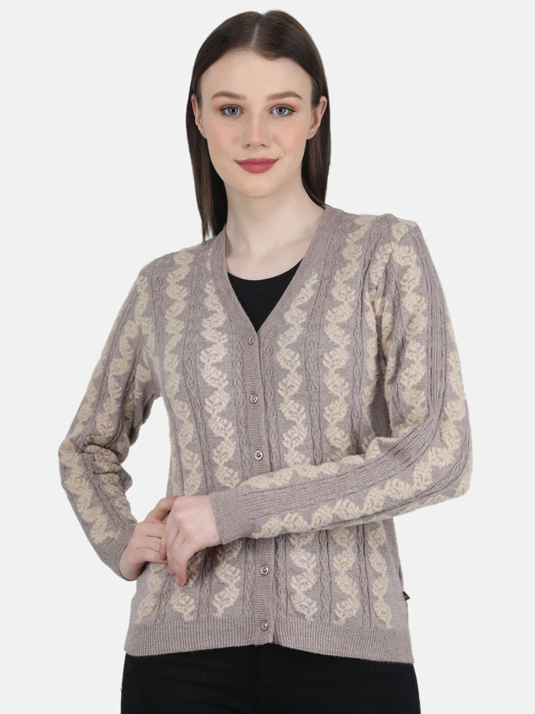

Monte Carlo Women Cable Knit Printed Cardigan, Beige