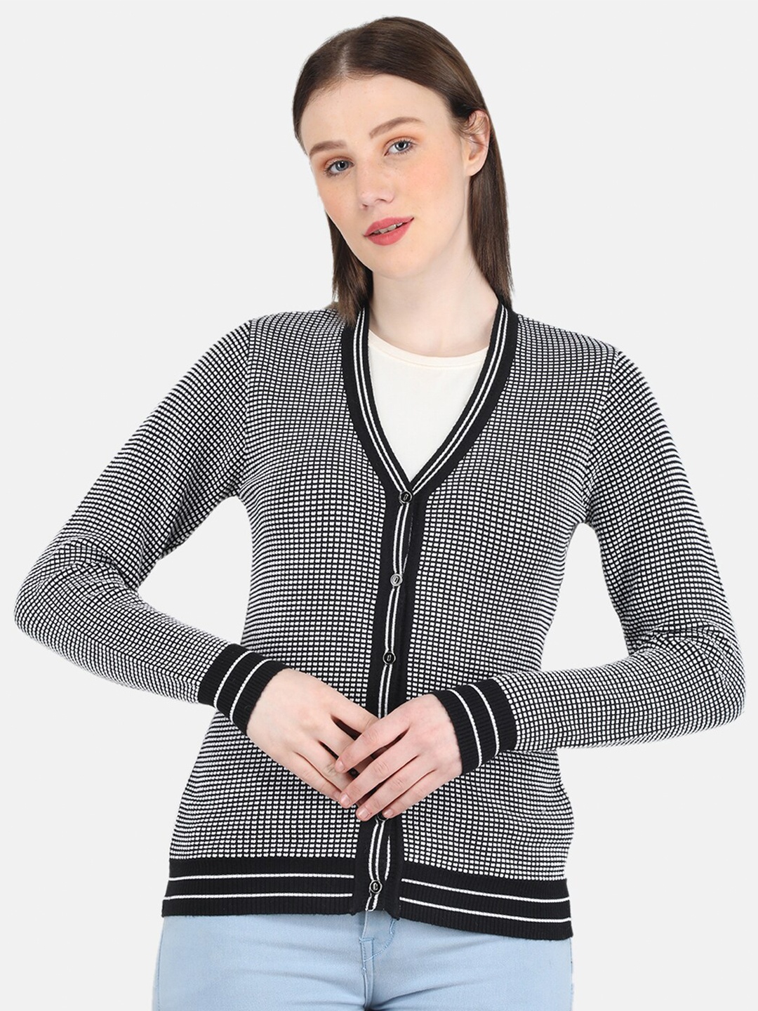 

Monte Carlo Women Checked Cardigan, Black