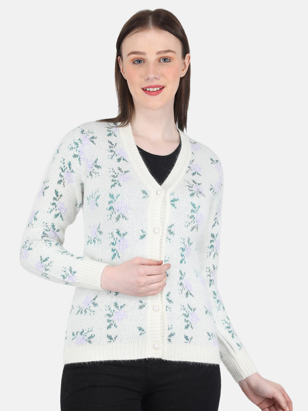 

Monte Carlo Women Wool Floral Printed Cardigan, White