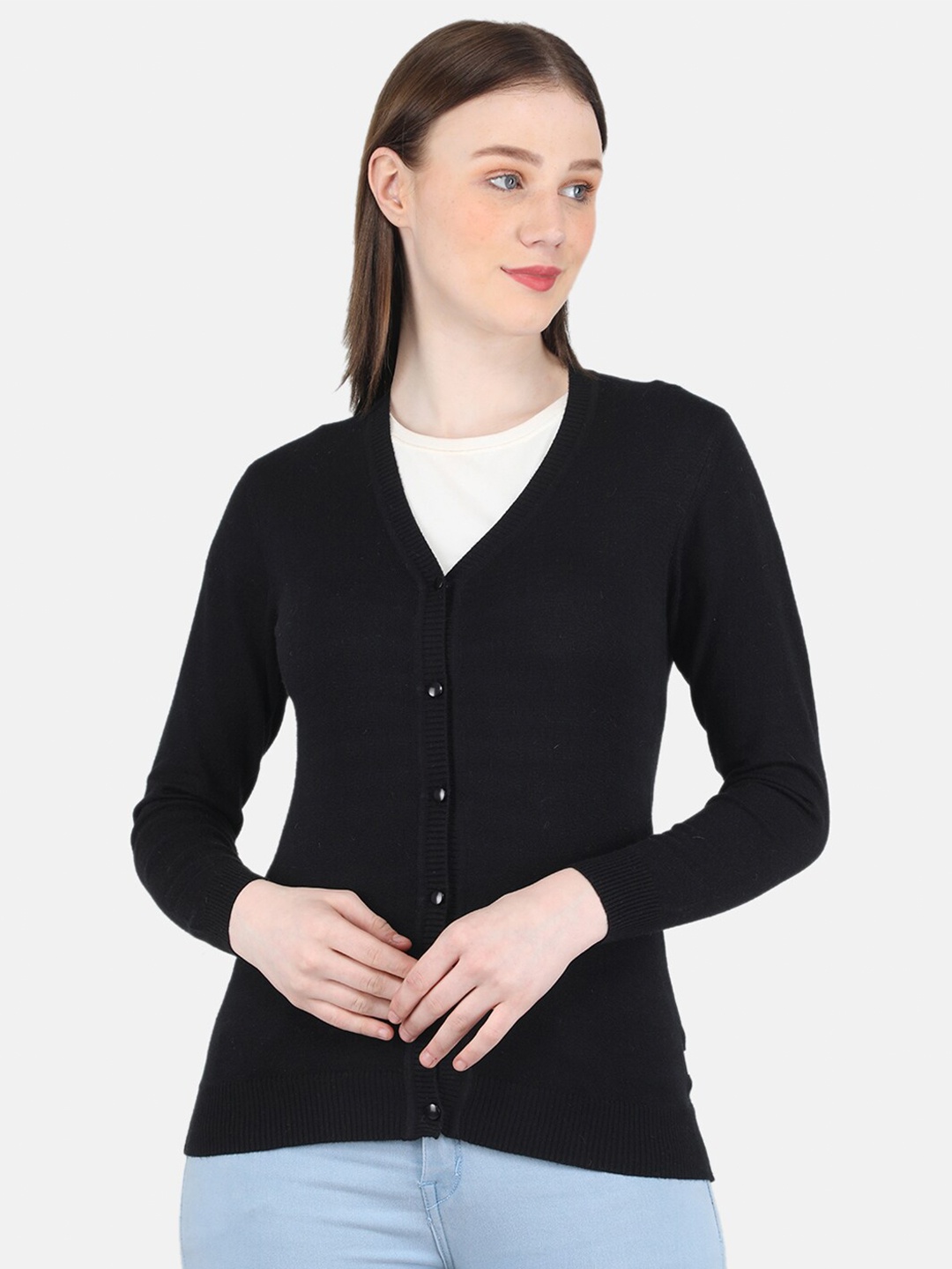 

Monte Carlo Women Woolen Solid V-Neck Cardigan, Black