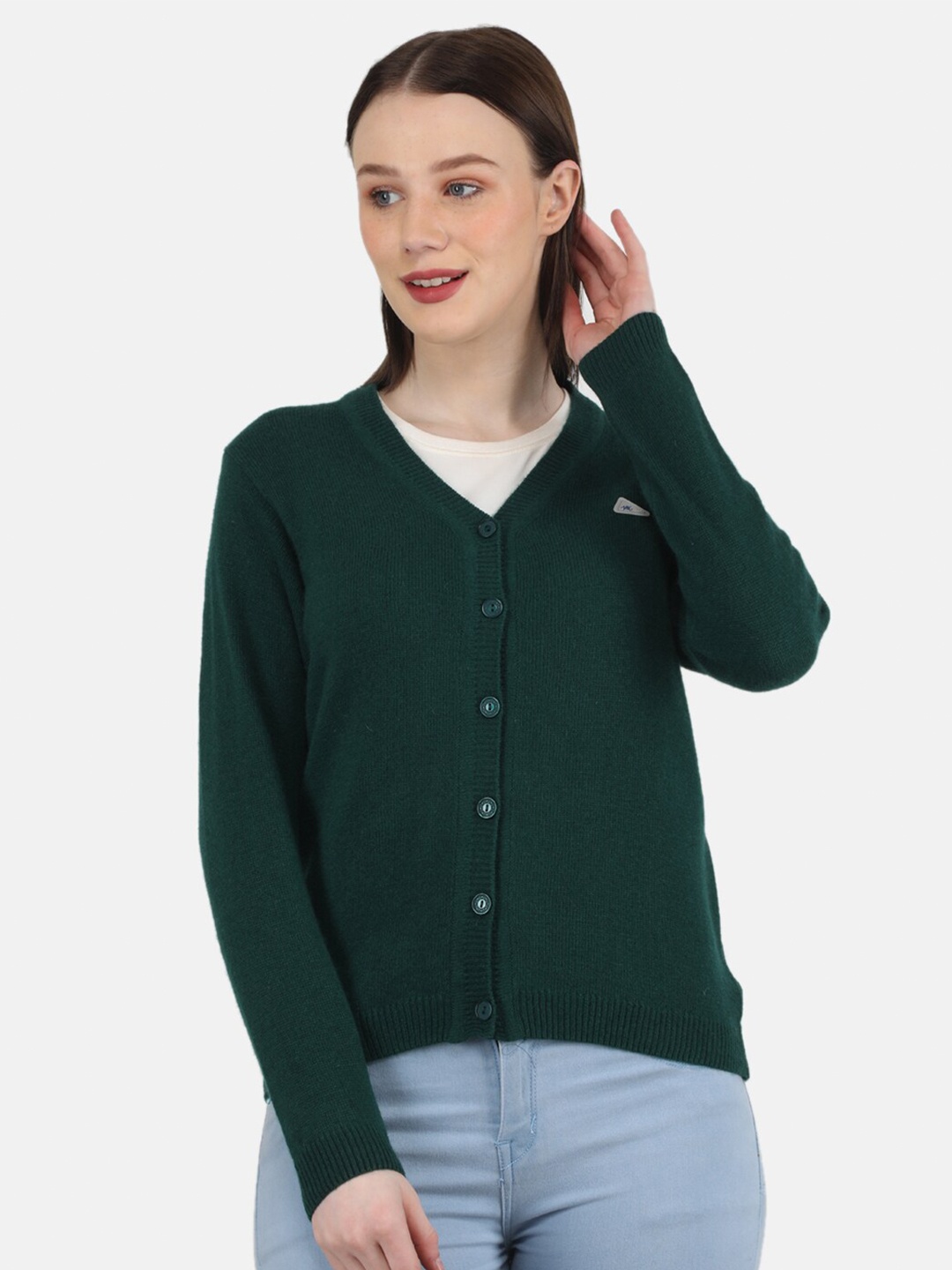 

Monte Carlo Women Plus Size Woolen Solid V-Neck Cardigan, Green