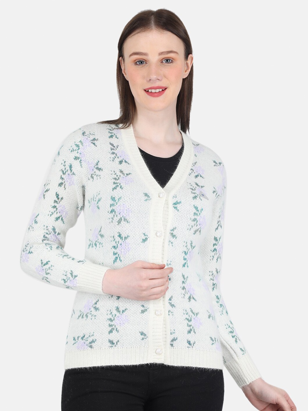 

Monte Carlo Women Floral Printed Cardigan, White