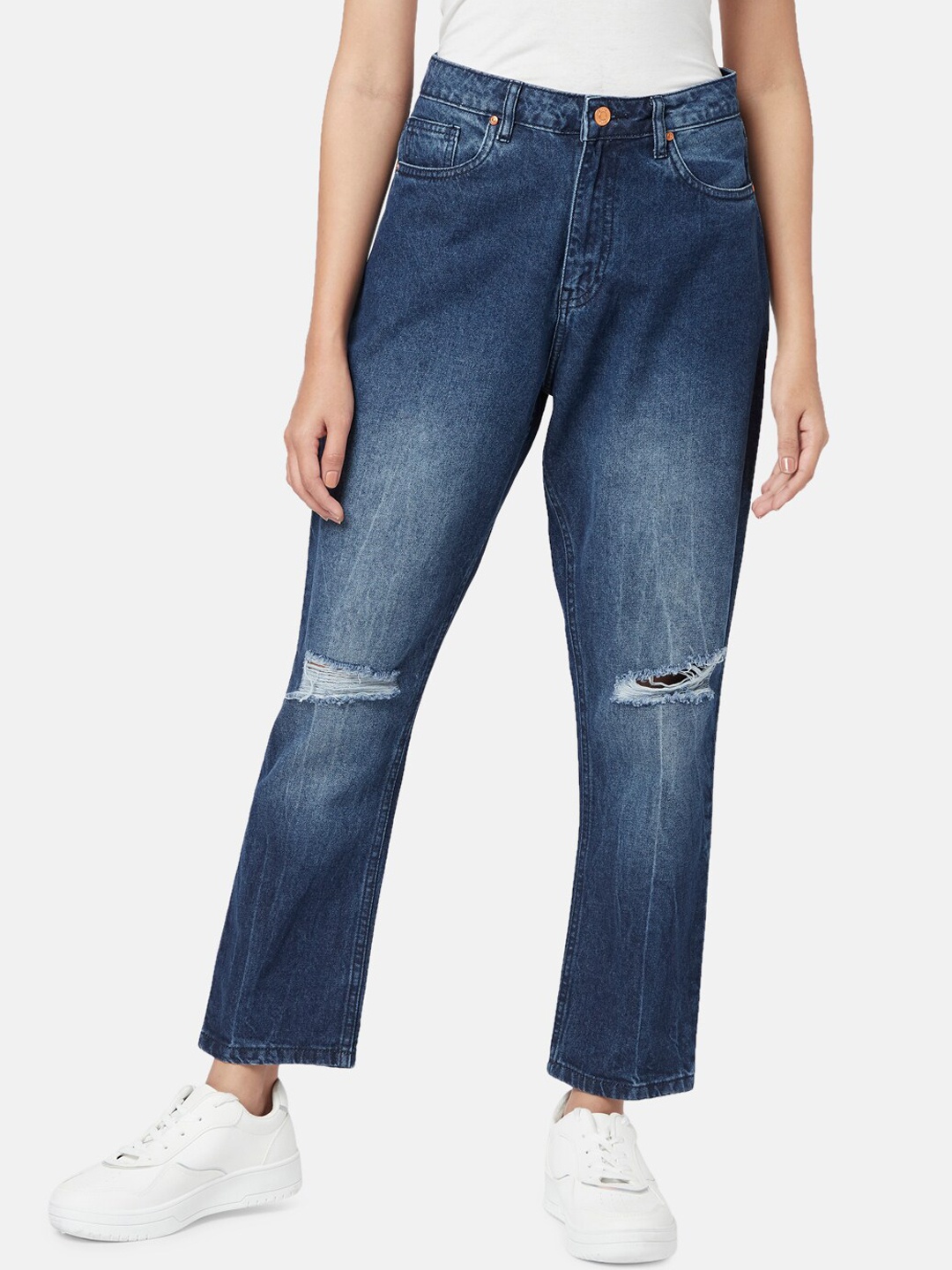 

People Women High-Rise Mildly Distressed Light Fade Cotton Jeans, Blue