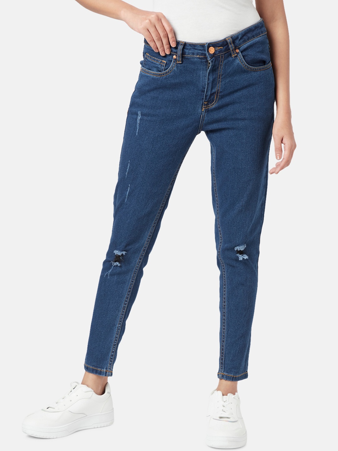

People Women Slim Fit Mildly Distressed Cotton Jeans, Blue