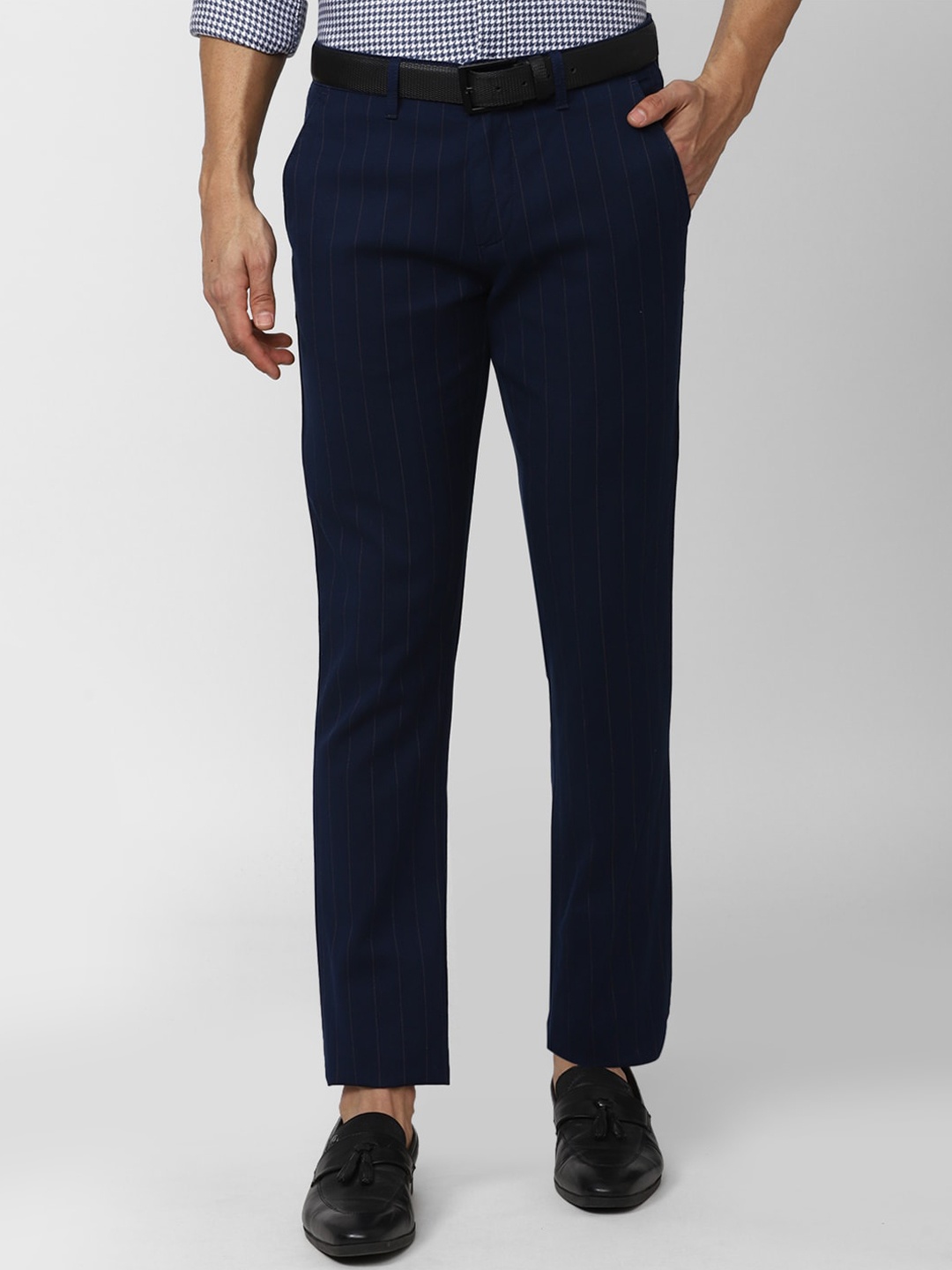 

V Dot Men Cotton Striped Slim Fit Trousers, Navy blue