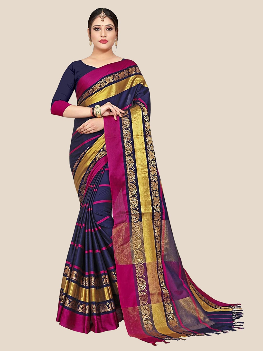 

Paramparik Textile Woven Design Zari Pure Silk Dharmavaram Saree, Navy blue