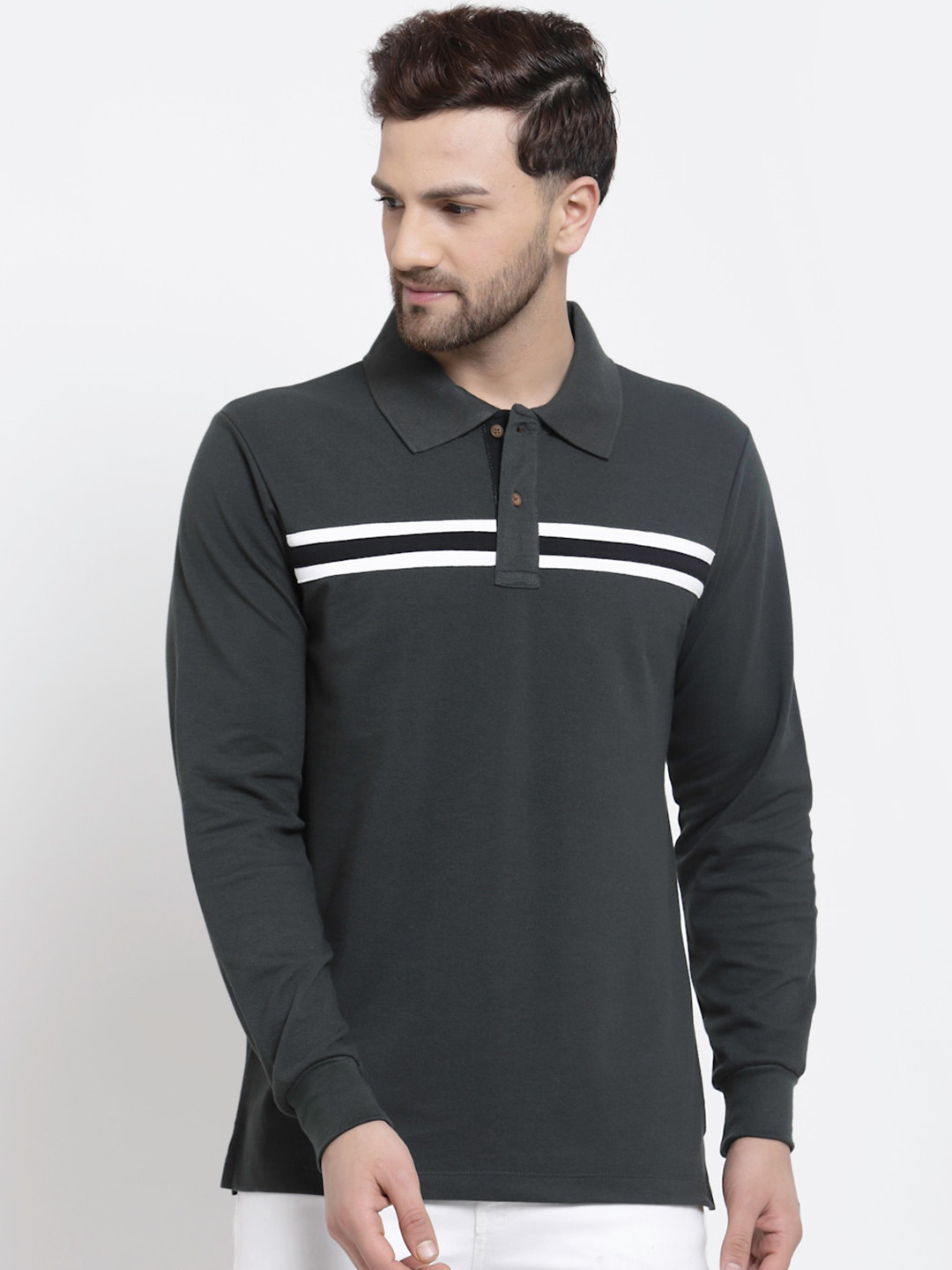 

Kalt Men Striped Polo Collar Cotton T-shirt, Grey