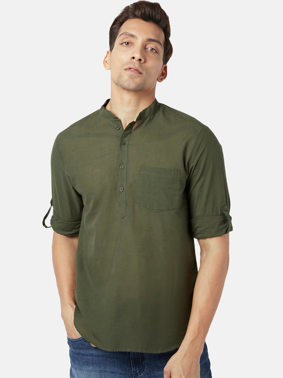 

indus route by Pantaloons Men Olive Green Pathani Kurta