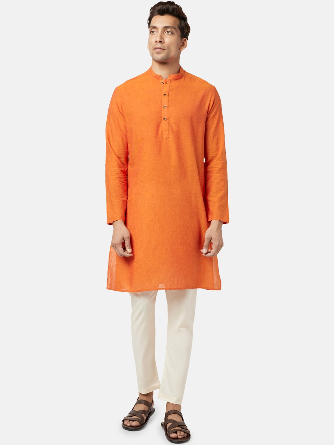 

indus route by Pantaloons Men Mandarin Collar Cotton Kurta, Orange