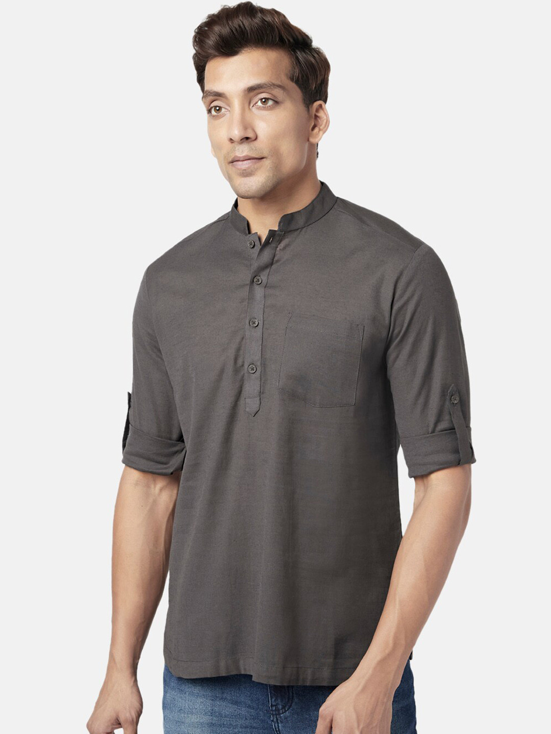 

indus route by Pantaloons Men Mandarin Collar Cotton Kurta, Charcoal