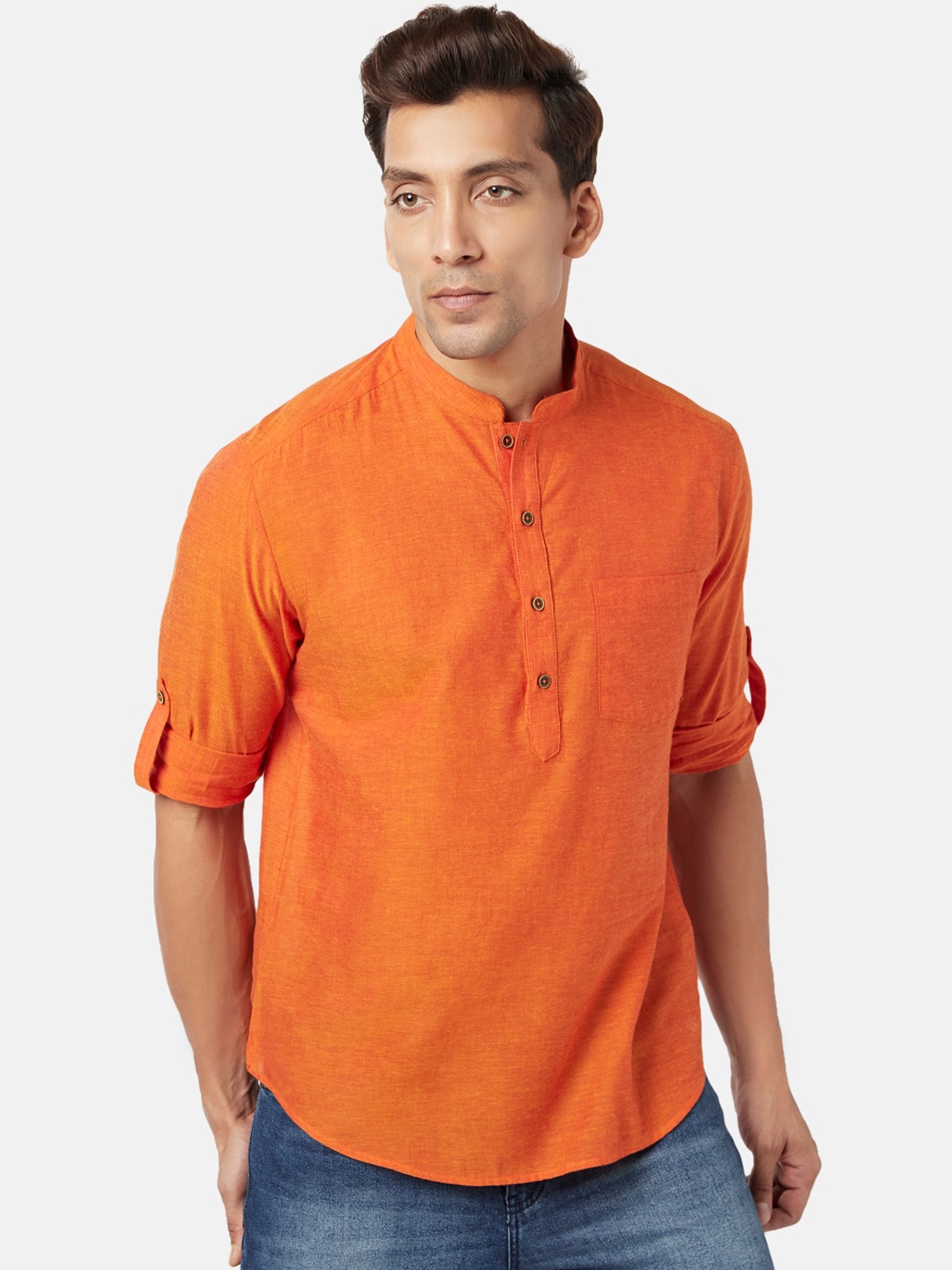 

indus route by Pantaloons Men Mandarin Collar Cotton Kurta, Orange