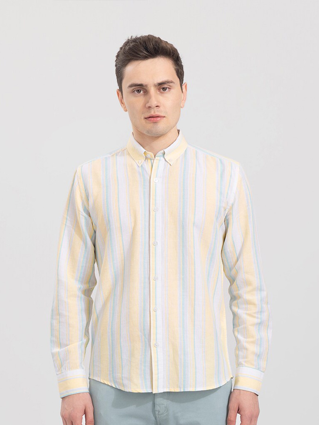 

Snitch Men Slim Fit Striped Pure Cotton Casual Shirt, Yellow