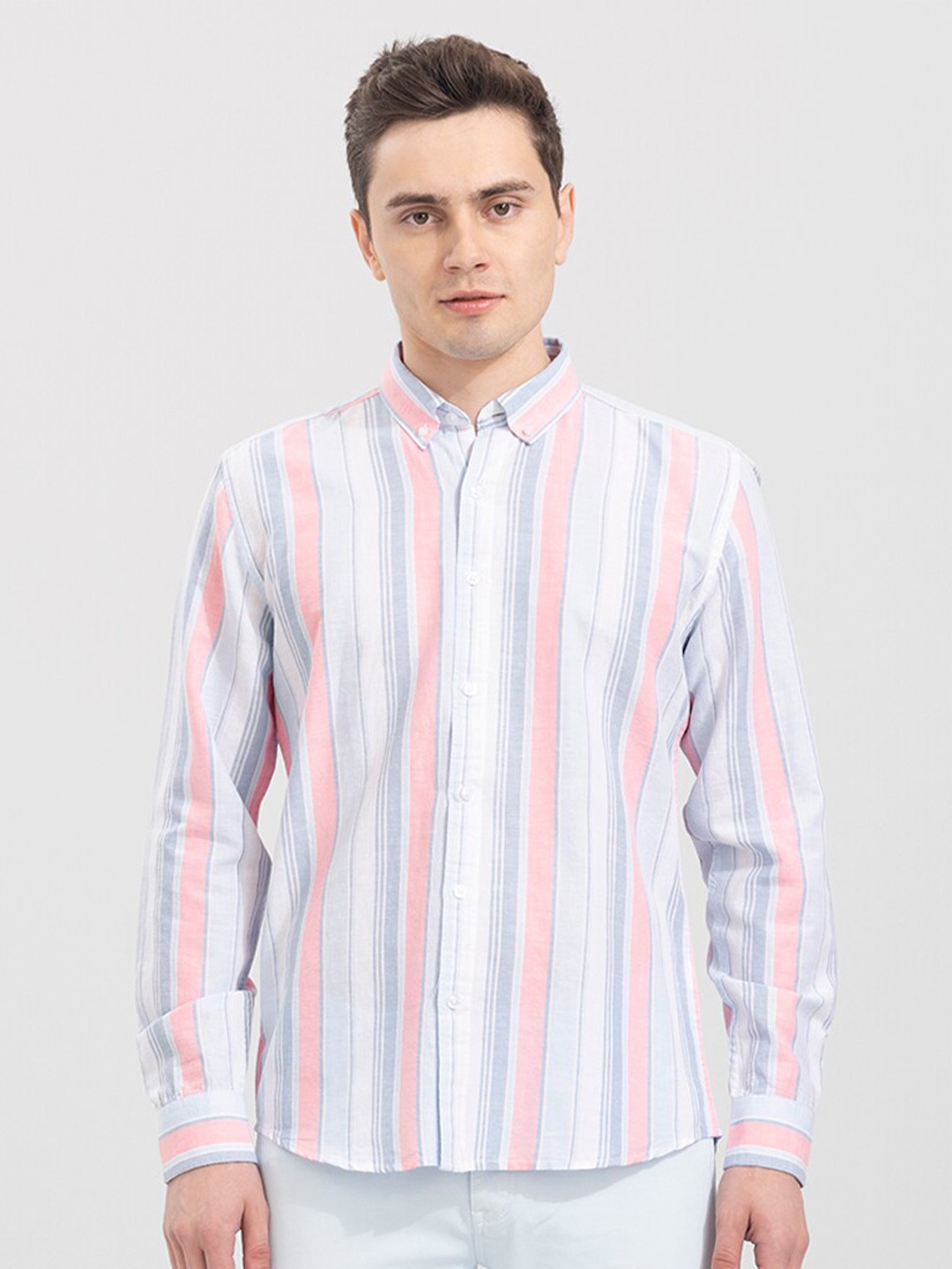 

Snitch Men Pink Slim Fit Multi Stripes Striped Casual Shirt