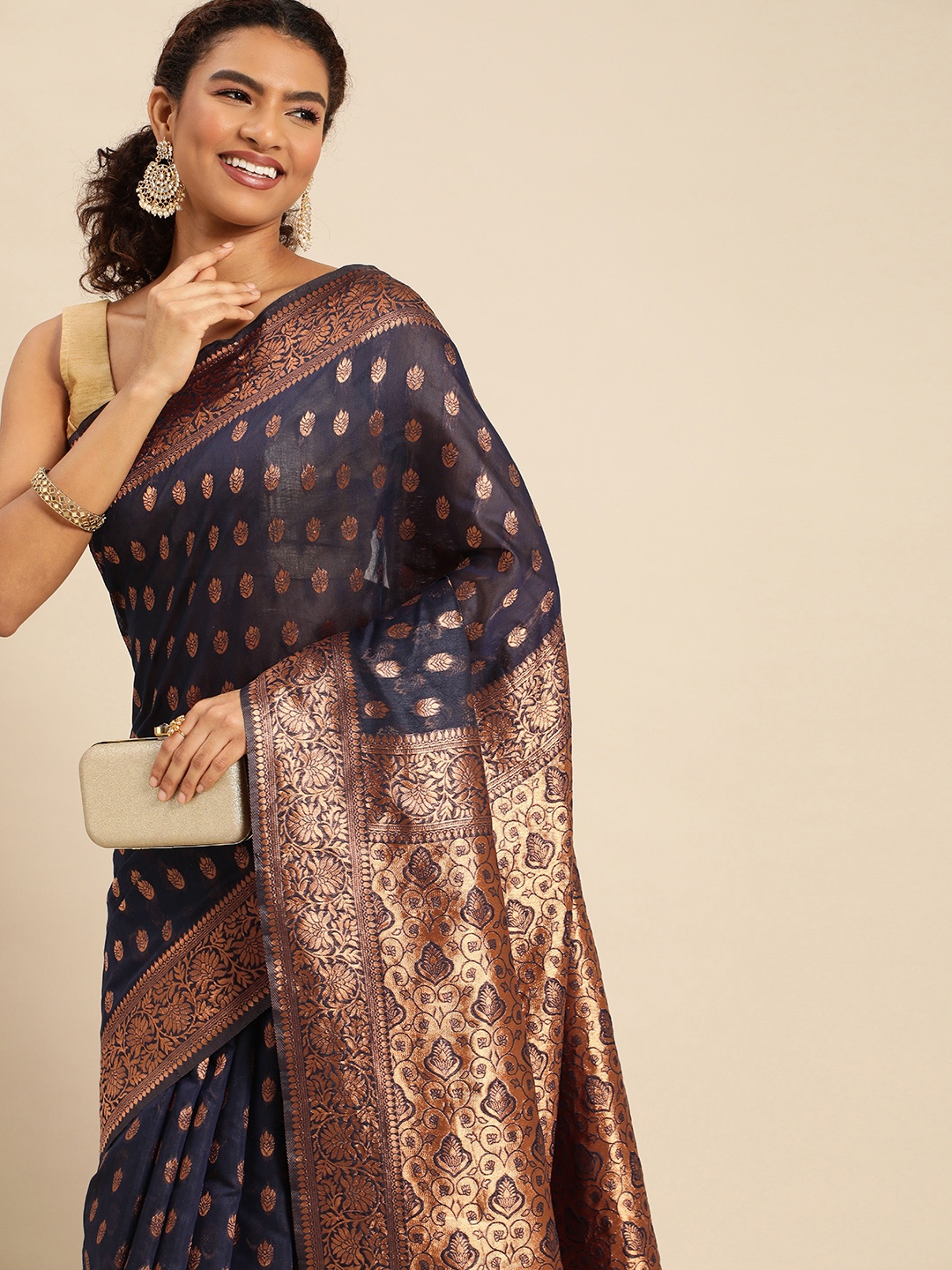 

AYKA CLOTHINGS Ethnic Motifs Zari Silk Blend Banarasi Saree, Navy blue
