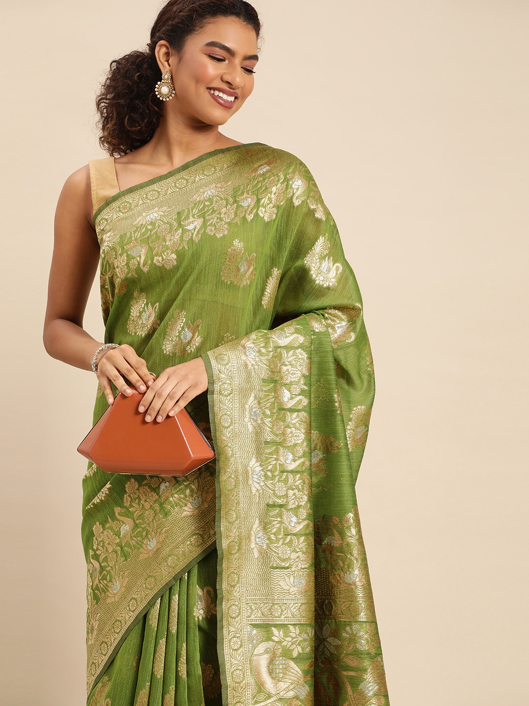 

AYKA CLOTHINGS Ethnic Motifs Zari Silk Blend Banarasi Saree, Olive