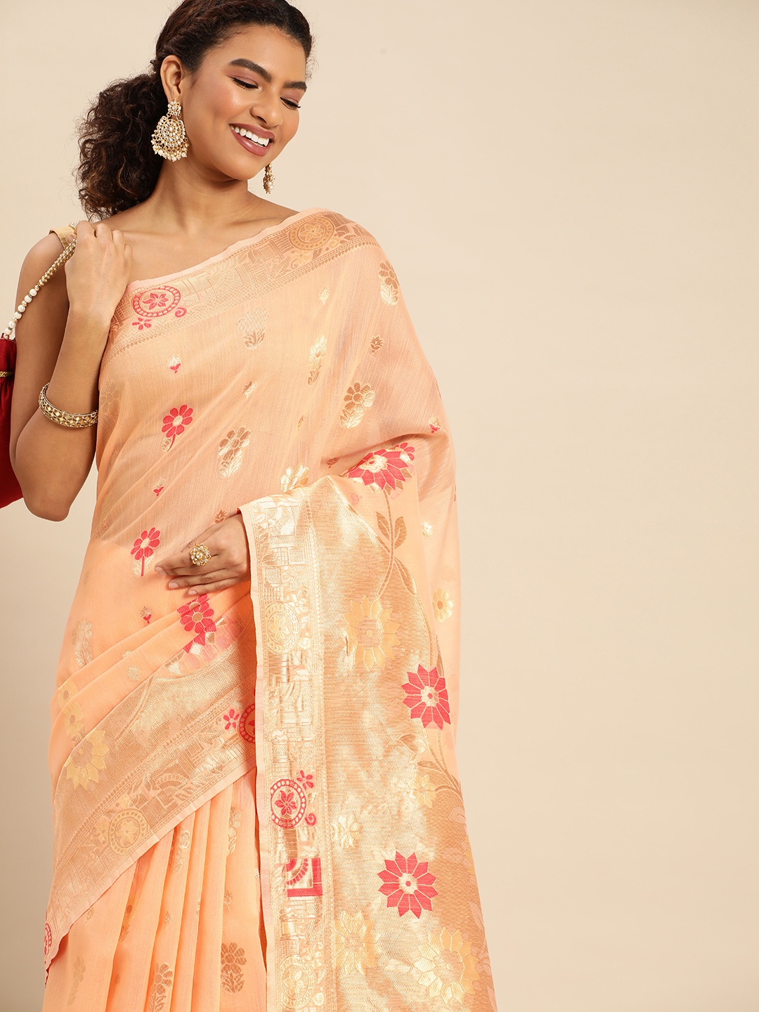 

AYKA CLOTHINGS Ethnic Motifs Zari Silk Blend Banarasi Saree, Peach