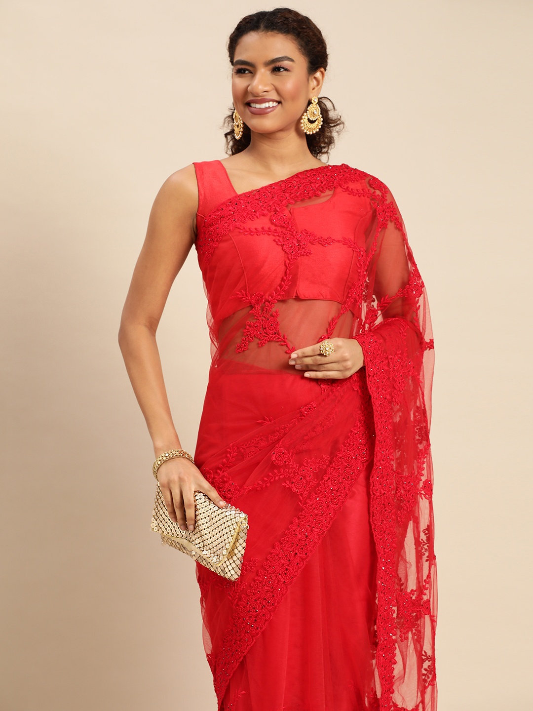 

AYKA CLOTHINGS Ethnic Motifs Embroidered Net Saree, Red