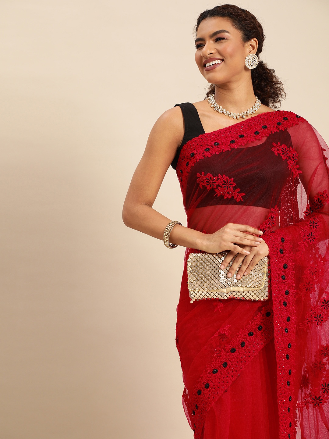 

AYKA CLOTHINGS Floral Embroidered Silk Blend Saree, Red