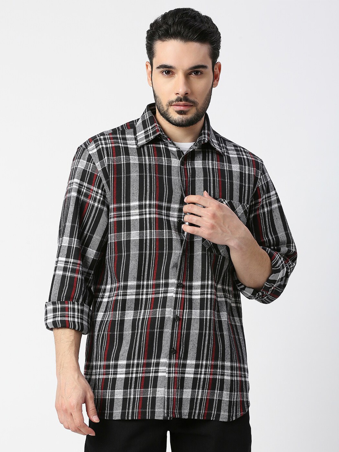 

Blamblack Men Black Tartan Checked Cotton Casual Shirt