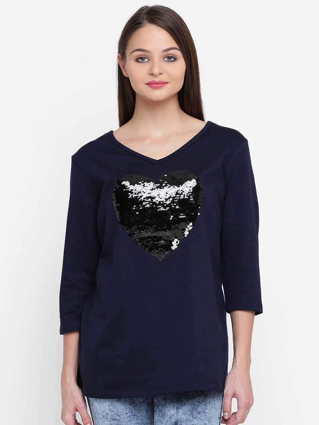 

JUNAROSE Plus Size Women Navy Blue Sequinned Sweatshirt