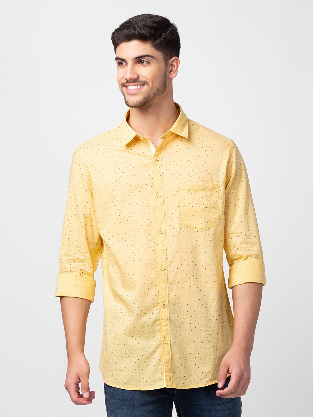 

SPYKAR Men Classic Slim Fit Printed Cotton Casual Shirt, Yellow