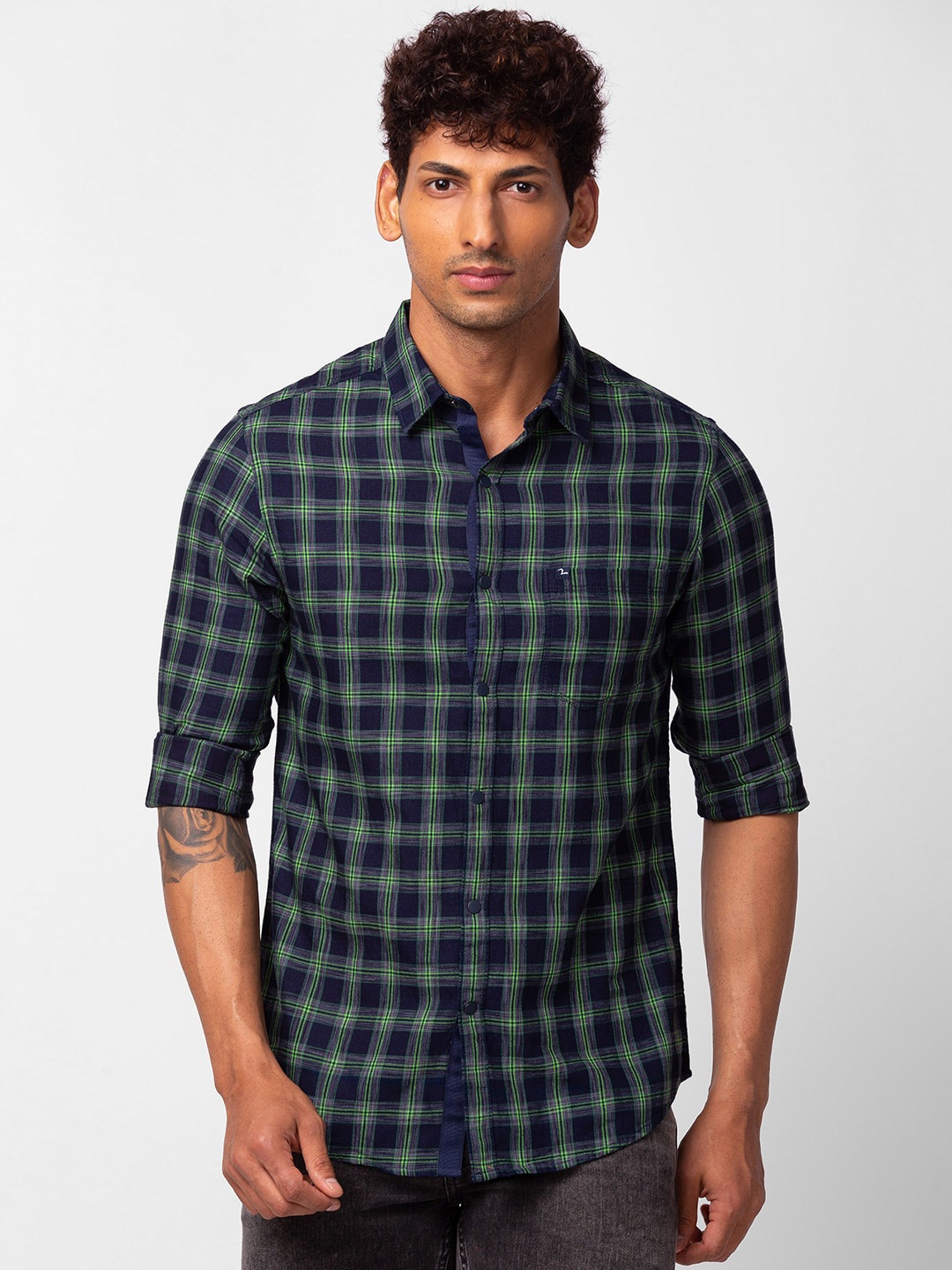 

SPYKAR Men Classic Slim Fit Tartan Checks Cotton Casual Shirt, Green