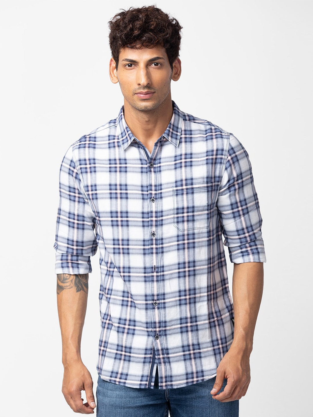 

SPYKAR Men Classic Slim Fit Tartan Checked Cotton Casual Shirt, Blue