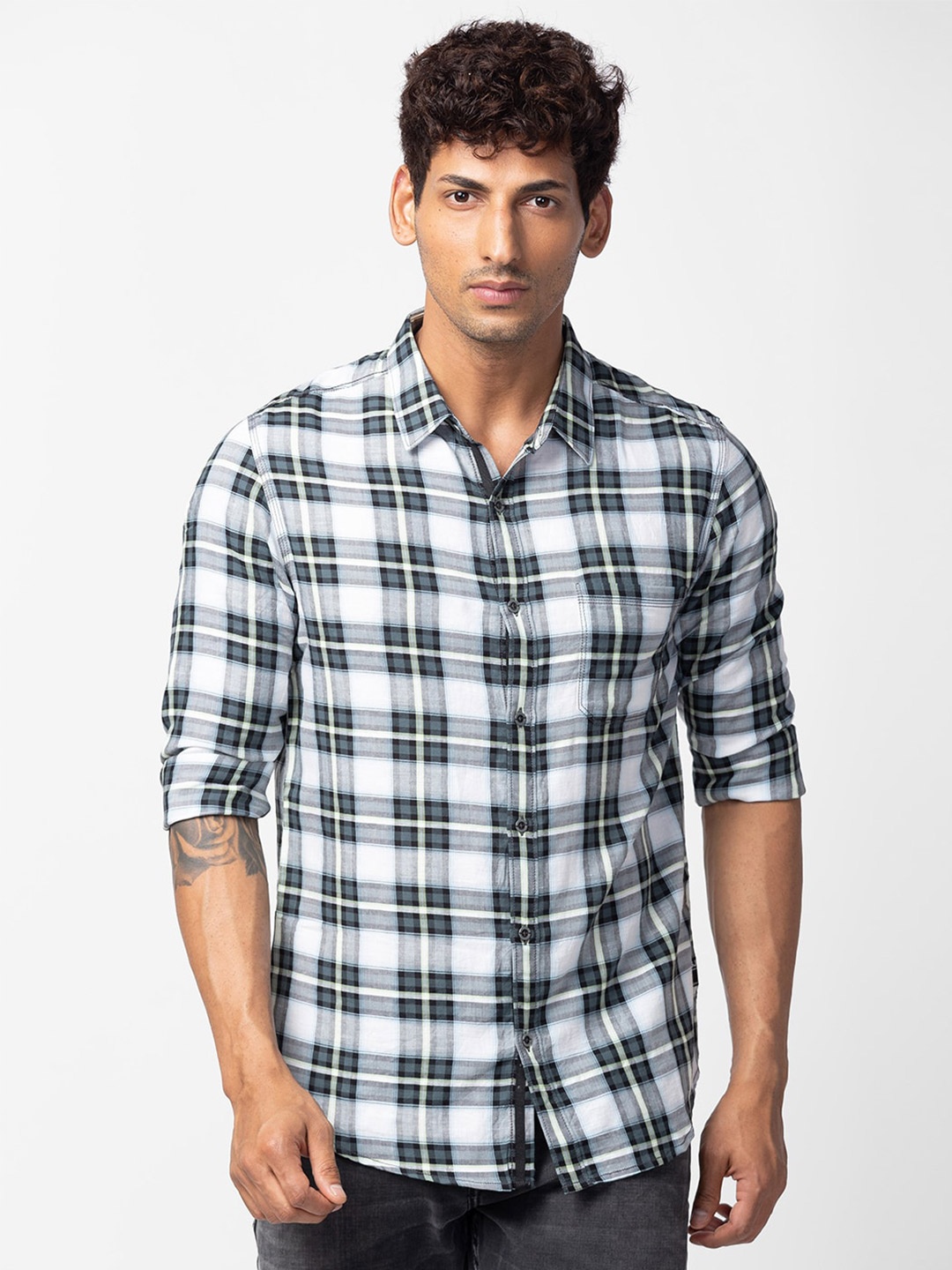 

SPYKAR Men Cotton Slim Fit Checked Casual Shirt, Teal