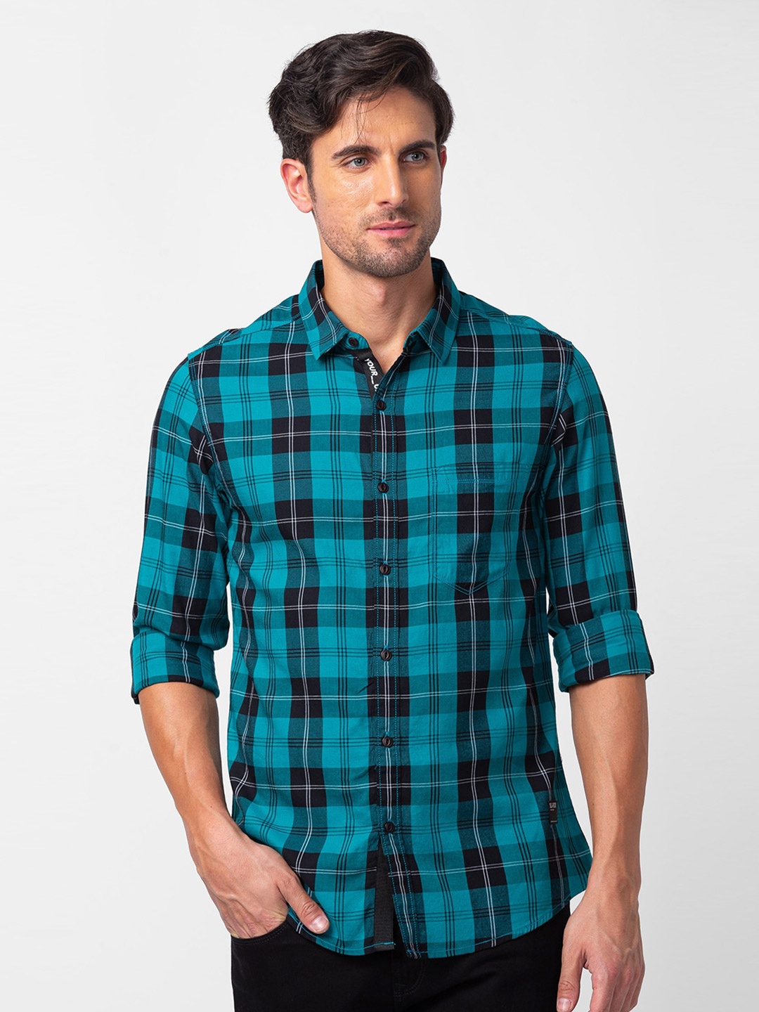 

SPYKAR Men Cotton Slim Fit Checked Casual Shirt, Green