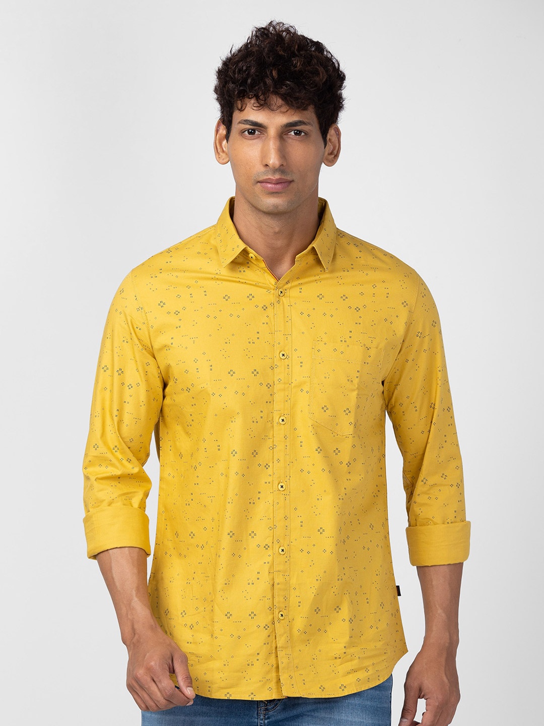 

SPYKAR Men Classic Slim Fit Printed Cotton Casual Shirt, Yellow