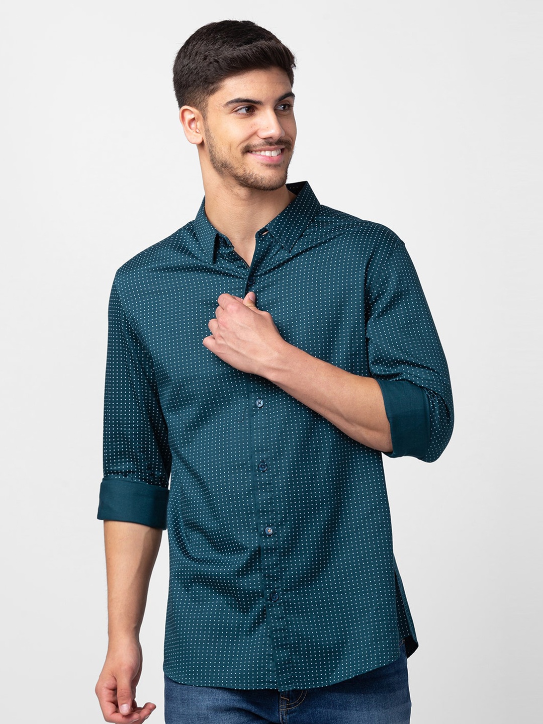 

SPYKAR Men Cotton Slim Fit Printed Casual Shirt, Teal