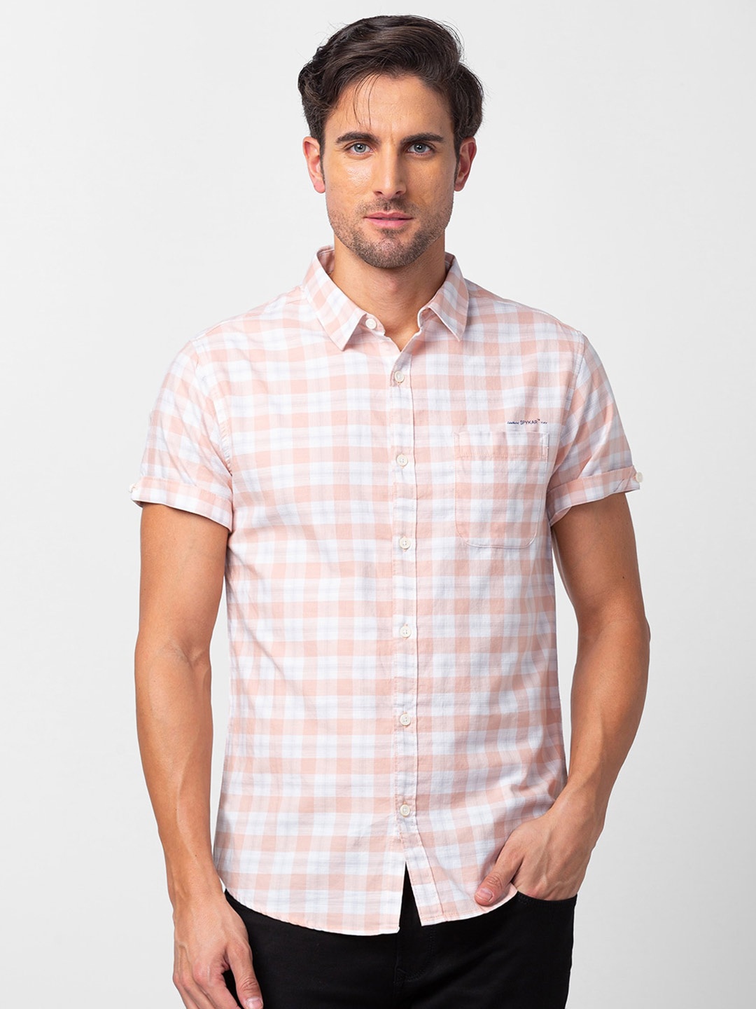 

SPYKAR Men Classic Slim Fit Gingham Checks Cotton Casual Shirt, White