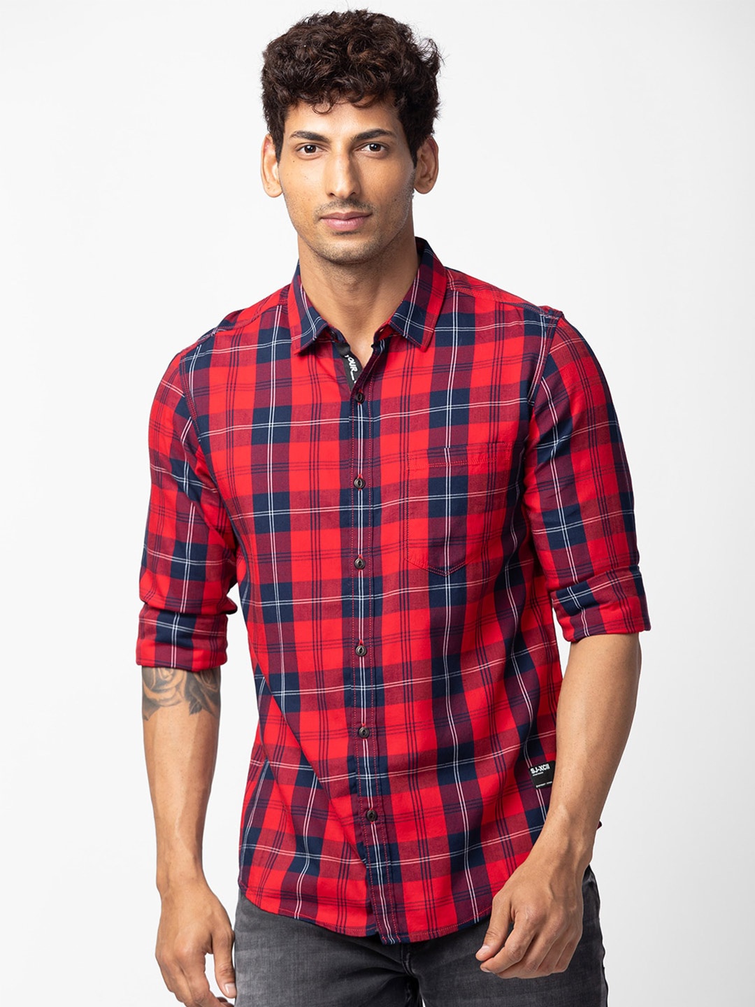 

SPYKAR Men Classic Slim Fit Tartan Checks Cotton Casual Shirt, Red