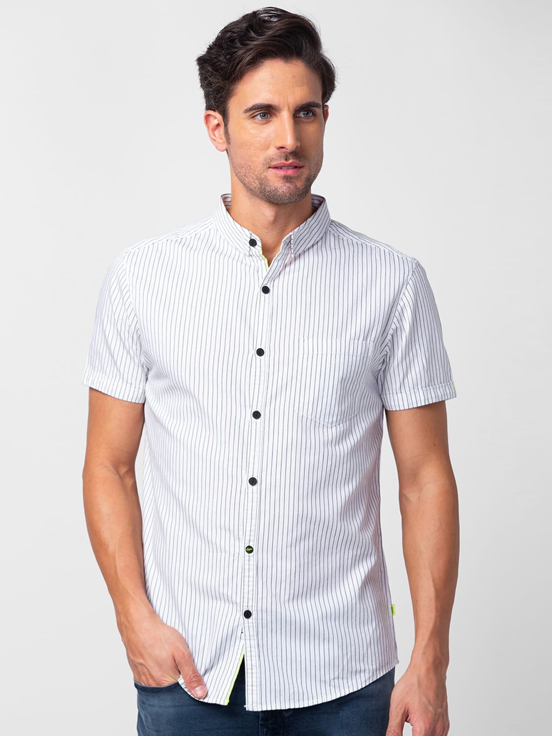 

SPYKAR Men Cotton Slim Fit Striped Casual Shirt, White