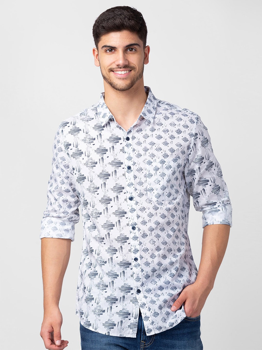 

SPYKAR Men Classic Slim Fit Printed CottonCasual Shirt, White