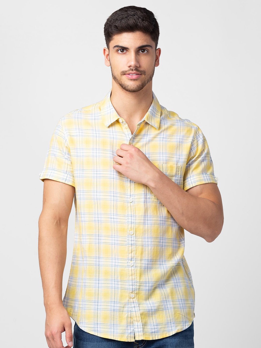 

SPYKAR Men Classic Slim Fit Checked Cotton Casual Shirt, Yellow