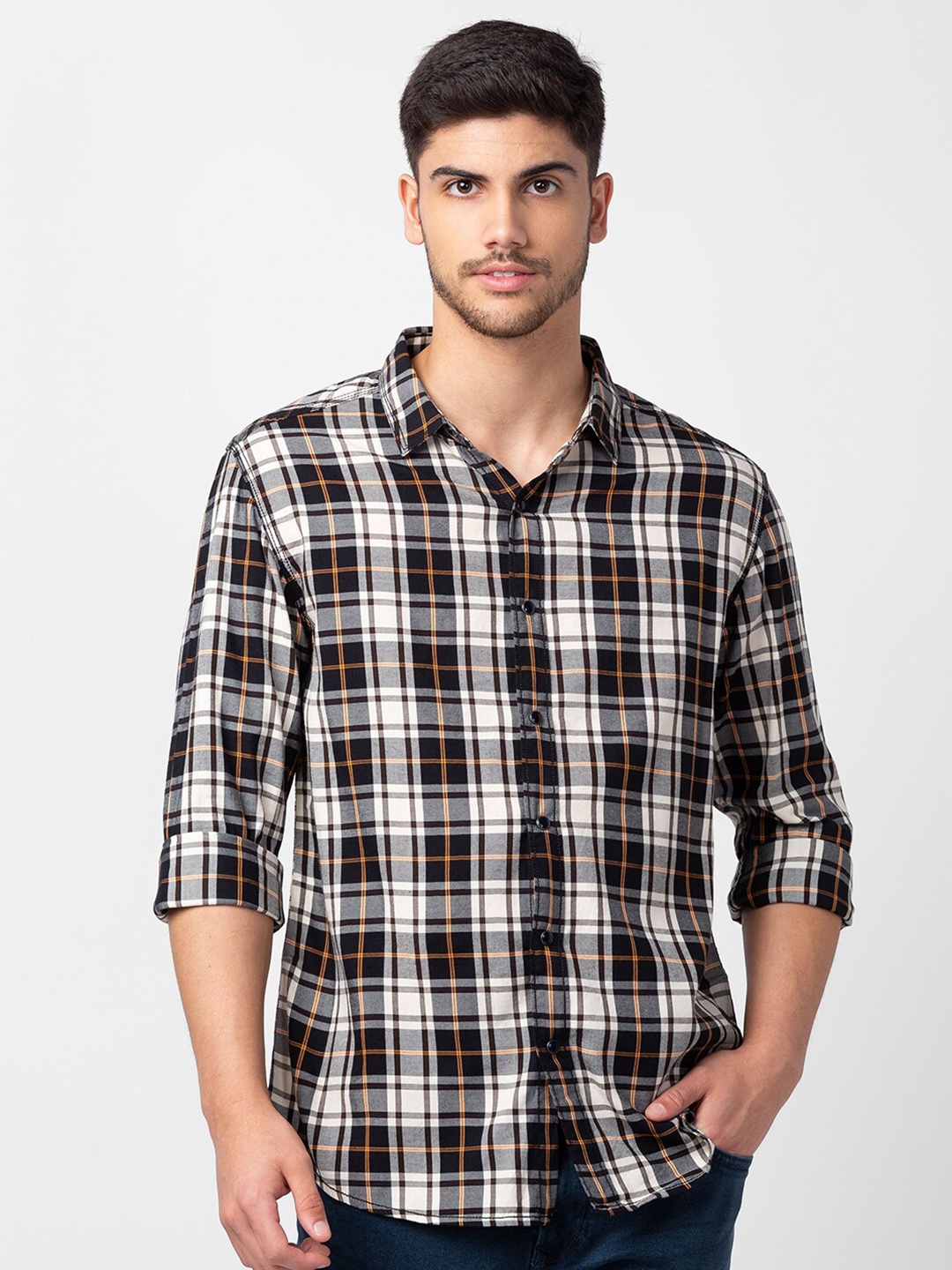 

SPYKAR Men Classic Slim Fit Tartan Checks Cotton Casual Shirt, Black