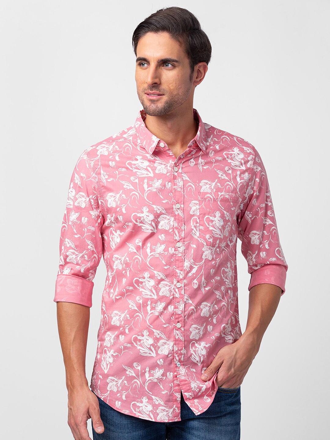 

SPYKAR Men Cotton Slim Fit Floral Printed Casual Shirt, Pink
