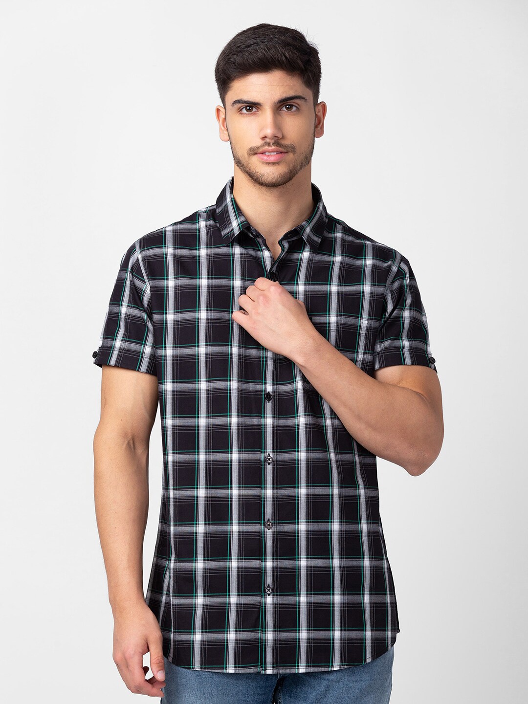

SPYKAR Men Classic Slim Fit Tartan Checked Cotton Casual Shirt, Black