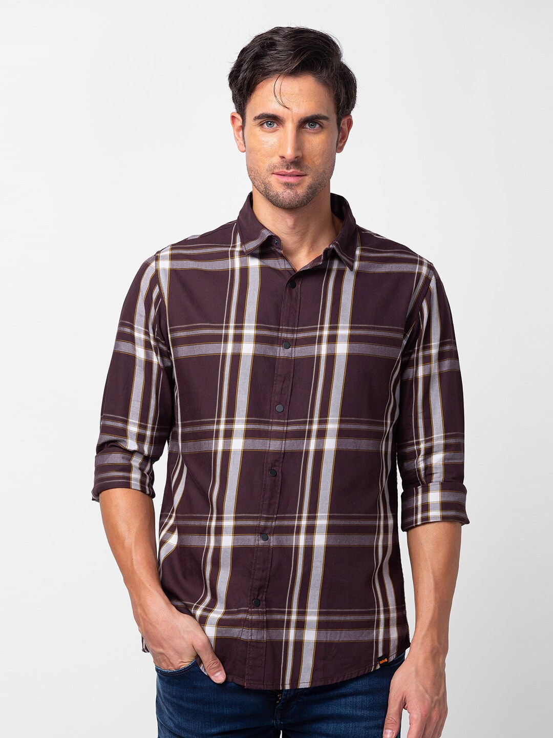 

SPYKAR Men Cotton Slim Fit Checked Casual Shirt, Burgundy